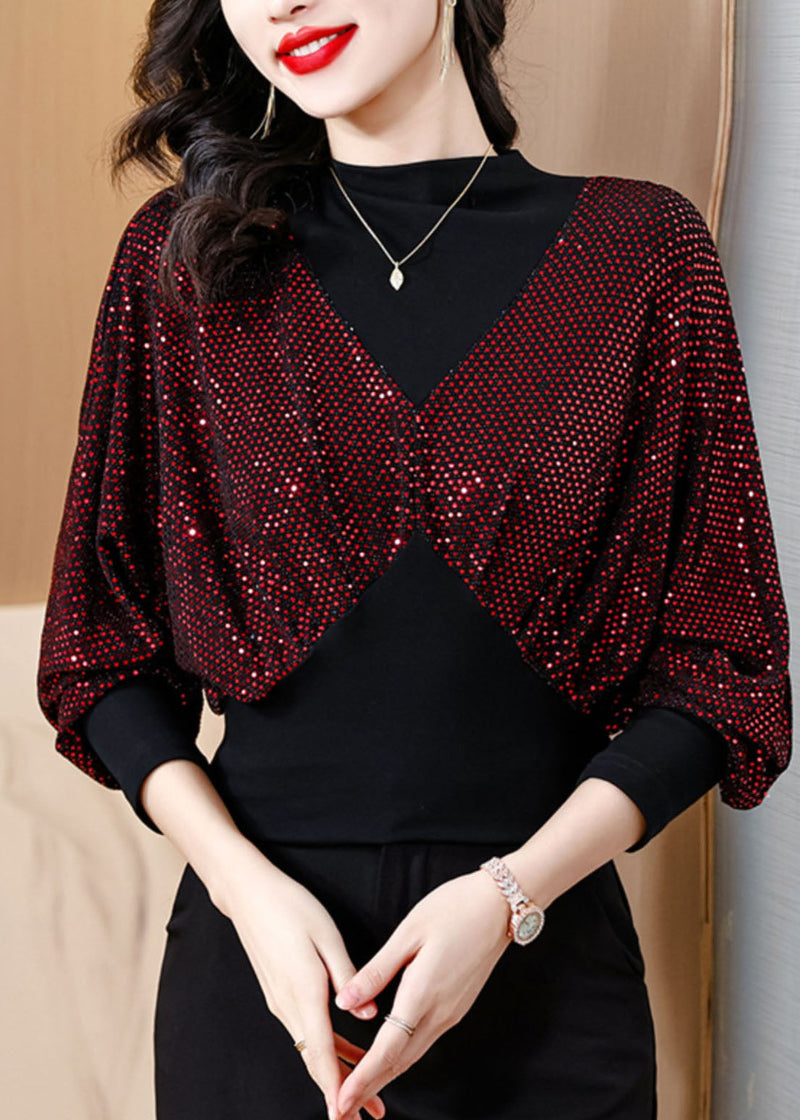 Slim Fit Black O-neck Sequins Patchwork Fake Two Pieces Top Fall
