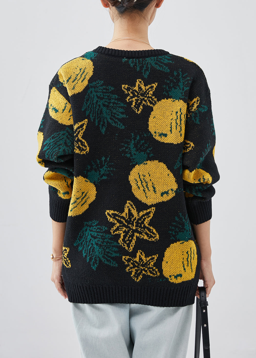 Black Oversized Print Knit Sweater Tops Winter
