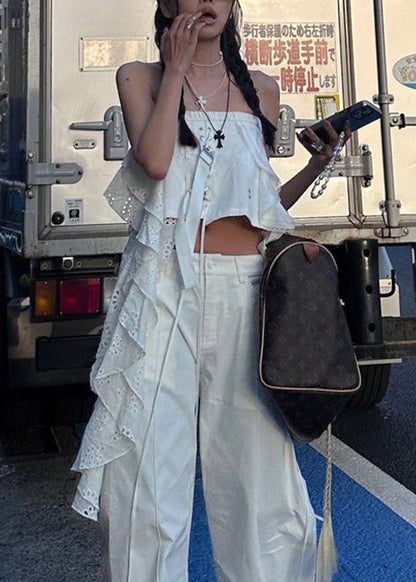 White Asymmetrical Hollow Out Cotton Tank Sleeveless