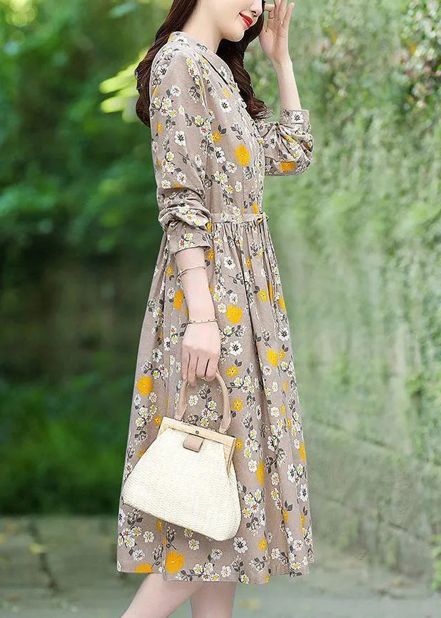 Beige Print Cotton Long Dress Tie Waist Spring