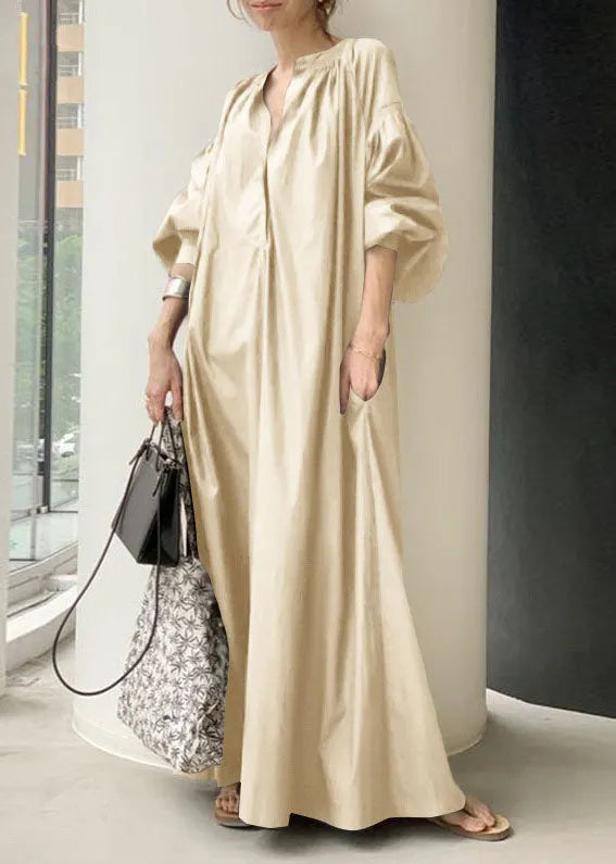 Apricot V Neck Oversized Long Dresses Lantern Sleeve