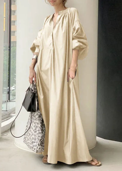 Apricot V Neck Oversized Long Dresses Lantern Sleeve