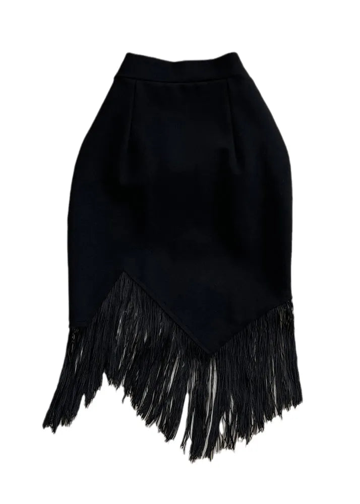 Black Asymmetrical High Waist Tassel Skirt Spring