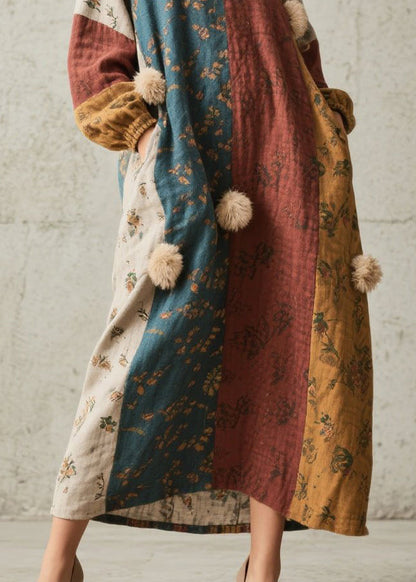 Colorblock Print Fuzzy Ball Decorated Cotton Dress Fall