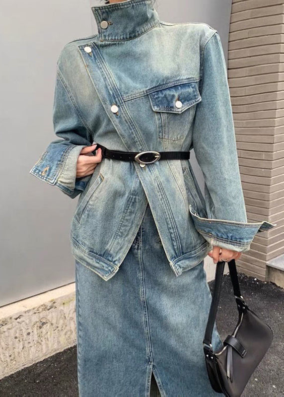 Blue Patchwork Button Sashes Denim Coats Spring