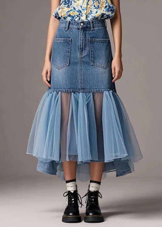 Blue Tulle Patchwork Denim Wraped Skirt Spring