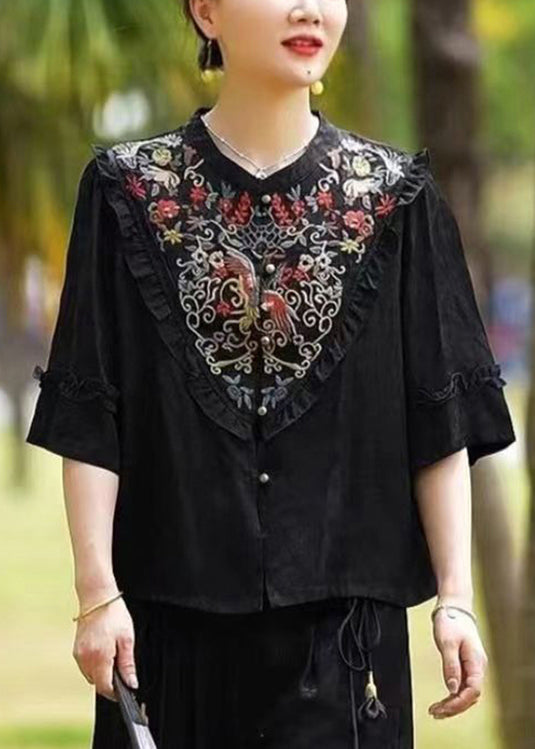 Black Ruffled Embroideried Patchwork Silk Tops Half Sleeve