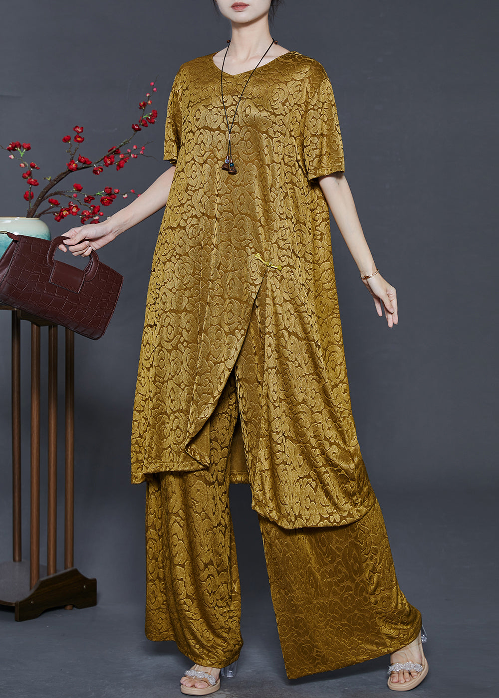 Yellow Jacquard Side Open Chinese Button Silk Sets 2 Pieces Summer