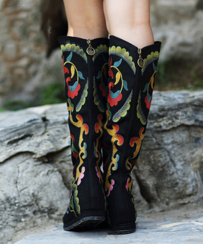 Black Embroideried Cowgirl Boots Cotton Fabric Zippered Knee Boots