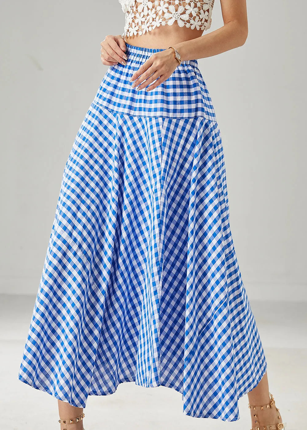 Blue Plaid Exra Large Hem Cotton Skirts Summer