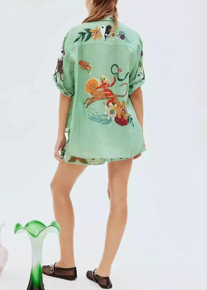 Green Print Elastic Waist Shirts and Shorts Linen Two Piece Set Summer
