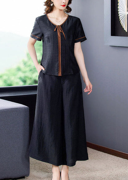 Fitted Black V Neck Patchwork Silk Two Pieces Set Summer