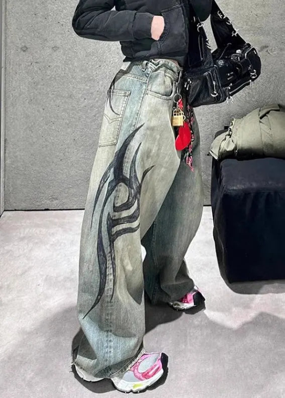 Modern Print Pockets High Waist Denim Wide Leg Pants Spring
