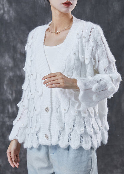 White Cozy Knit Cardigan V Neck Nail Bead Spring