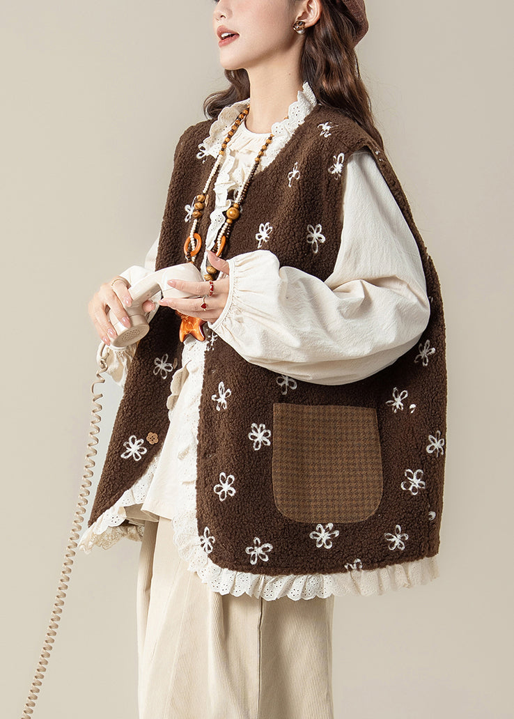 Plaid Coffee Lace Patchwork Wear on Both Sides Teddy Faux Fur Waistcoat Sleeveless
