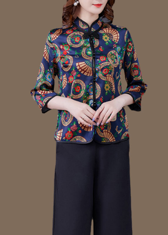 Blue Print Oriental Silk Shirt and Crop Pants Two Pieces Set Mandarin Collar Long Sleeve