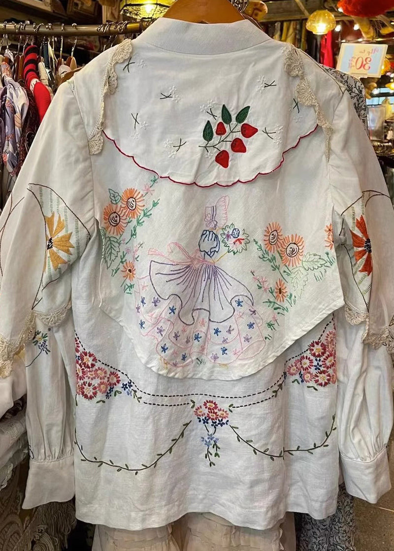 Handmade White Embroideried Patchwork Cotton Blouse Tops Fall