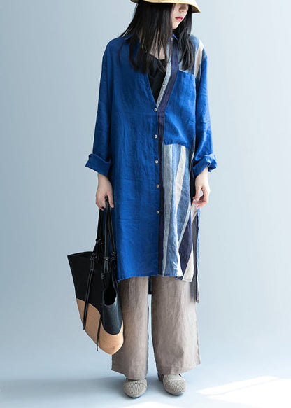 Boutique Blue Peter Pan Collar Striped Linen Long Shirts Spring