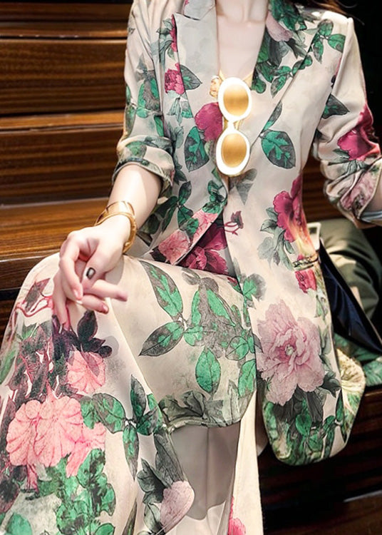 Peter Pan Collar Print Silk Two Pieces Set Fall