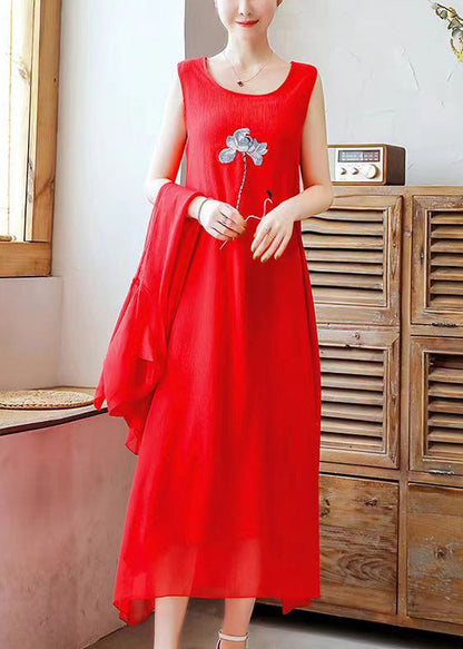 Loose Red O Neck Embroidered Chiffon Two Pieces Set Half Sleeve