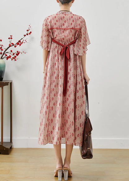 Pink Chinese Button Print Chiffon Dress Summer