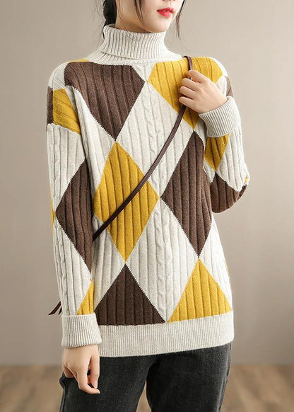 Oversized Beige Yellow Plaid Knitted Clothes High Neck Knitwear