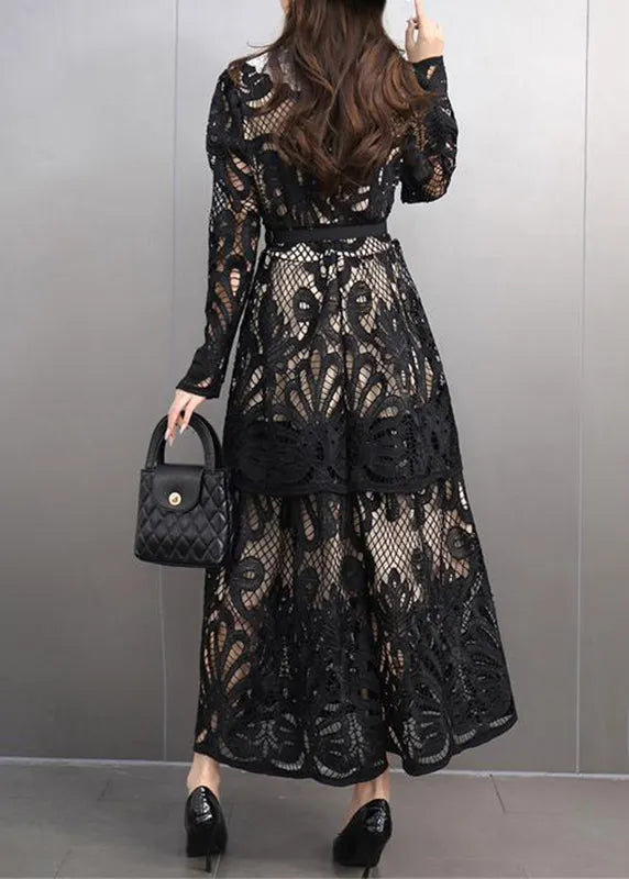 Black Peter Pan Collar Lace Long Dress Spring