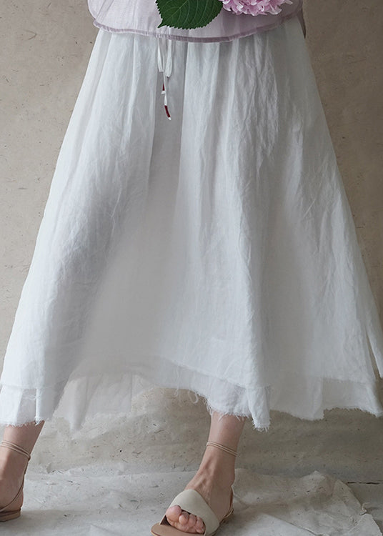 White Elastic Waist Drawstring Double-deck Linen Skirts Spring