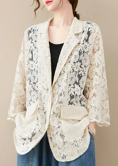 White Vacation Lace Coats Pocket Hollow Out Long Sleeve