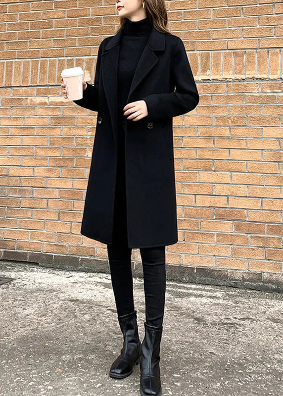 Slim Fit Black Notched Button Woolen Coats Fall
