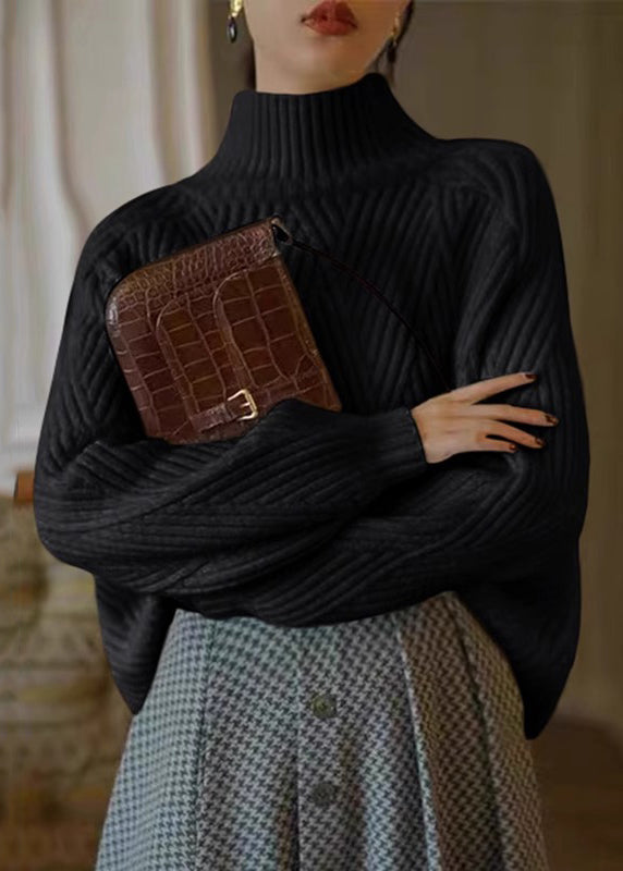 Beige Turtleneck Cozy Patchwork Cotton Knit Sweaters Fall