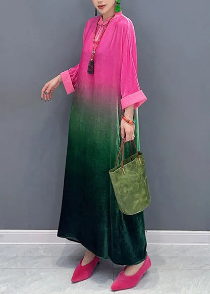 Gradient Color Stand Collar Silk Velour Maxi Dresses Fall