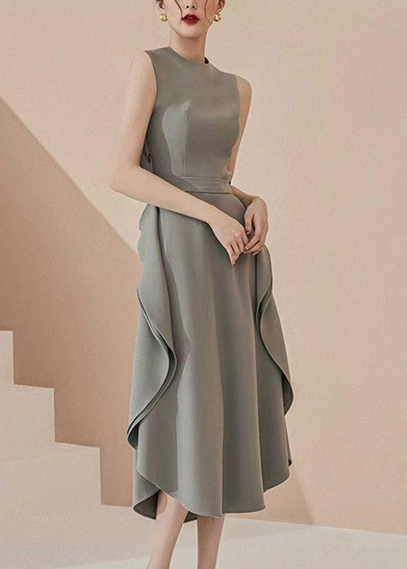 Natural Grey Green O-neck Ruffled Patchwork Long Dresses Summer
