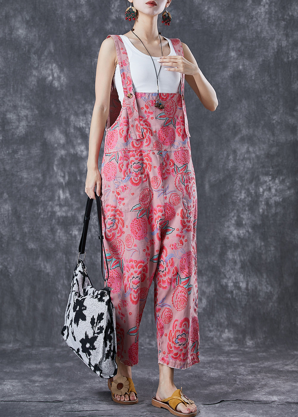 Pink Print Denim Jumpsuit Oversized Pockets Summer