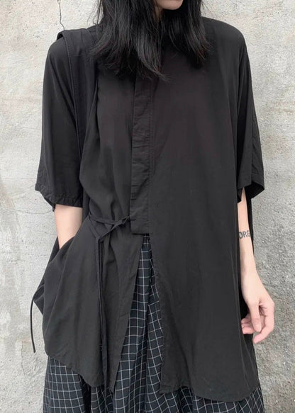 Black Peter Pan Collar Lace Up Patchwork Cotton Shirts Bracelet Sleeve