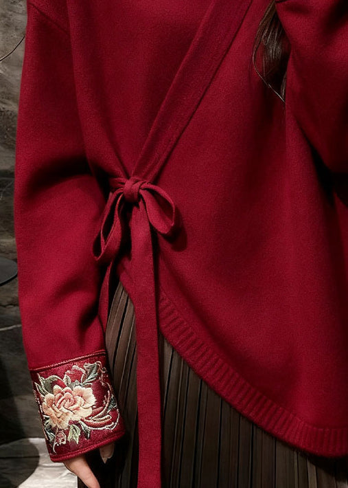 Red V Neck Lace Up Knit Sweater Fall