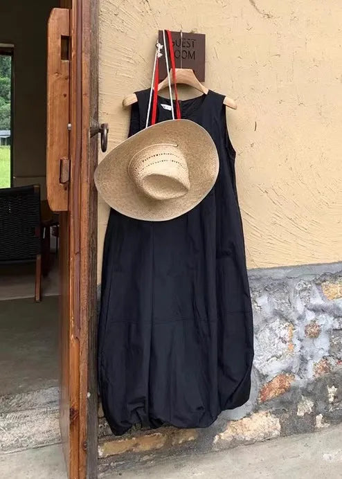Fine Black Oversized Cotton Ankle Dress Sleeveless
