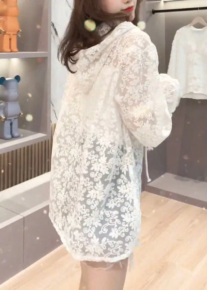 Brief Beige Embroideried Button Hooded Upf 50+ Coat Jacket Summer