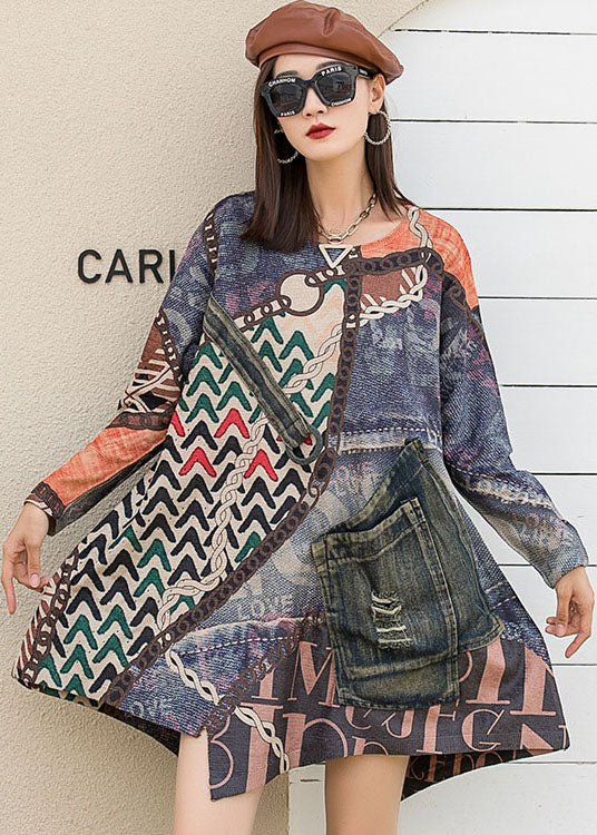O-neck Patchwork Asymmetrical Design Print Fall Knit Long Sleeve Top