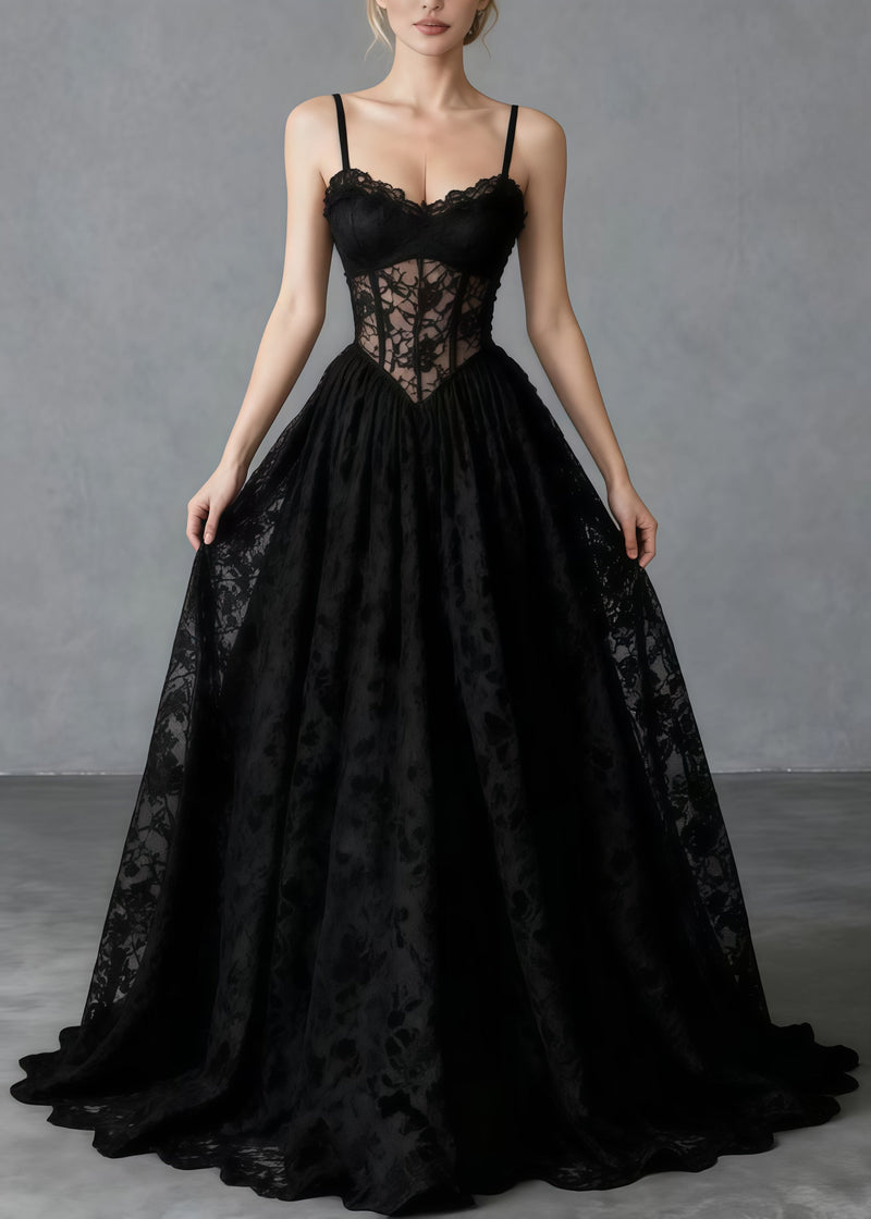 Black Hollow Out Exra Large Hem Lace Cami Dresses Summer