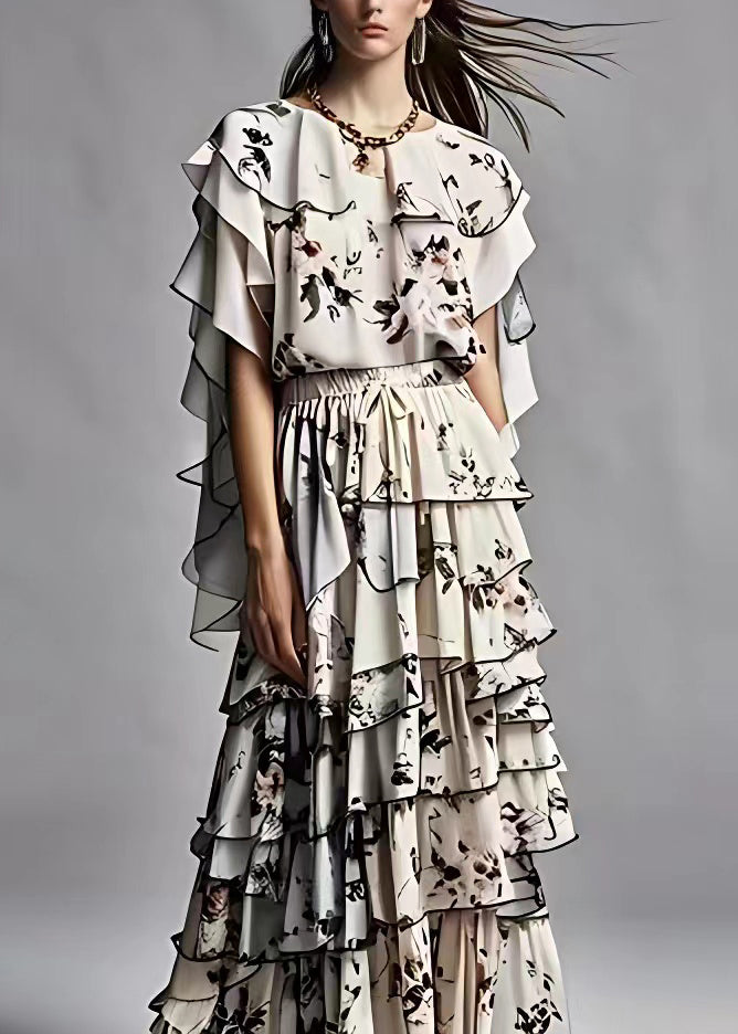 Black Ruffled Print Silk Two Pieces Set Summer