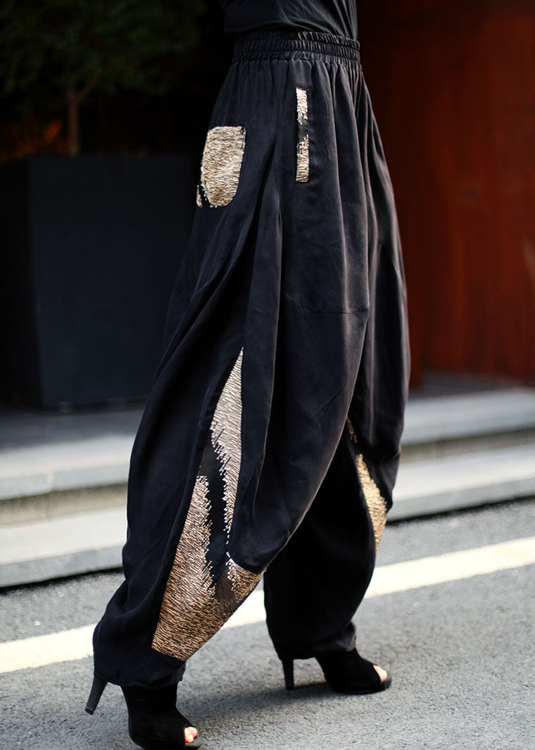 Handmade Black Elastic Waist Patchwork Pants Spring