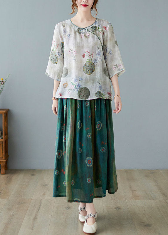 Modern Light Green O-neck Print Blouse Spring Top