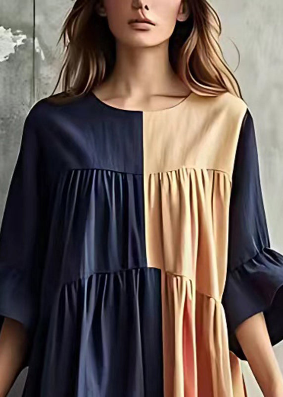 Navy Patchwork Wrinkled Cotton Long Dresses Flare Sleeve