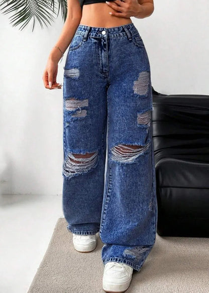 Dark Blue High Waist Ripped Wide Leg Denim Pants Spring