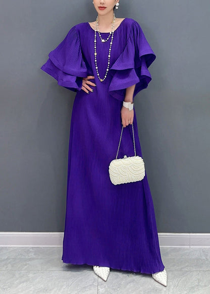 Purple O Neck Wrinkled Long Dresses Butterfly Sleeve