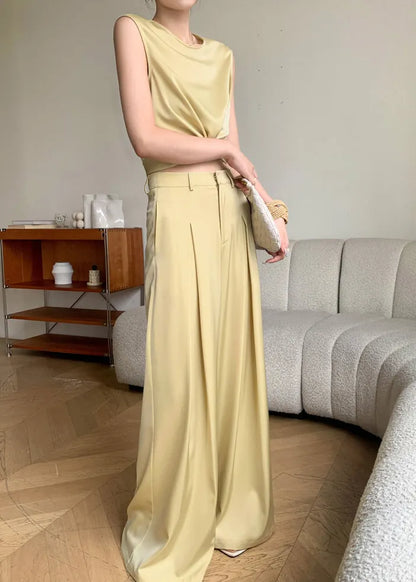 French Yellow O-neck Silk Top and Wide Leg Pants Two Pieces Set Sleeveless
