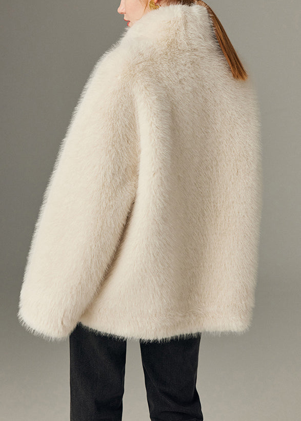 Italian White Stand Collar Pockets Leather and Fur Coat Winter