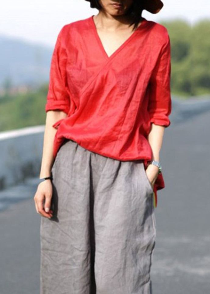 Red Tie Waist V Neck Asymmetrical Design Linen Top Three Quarter Sleeve