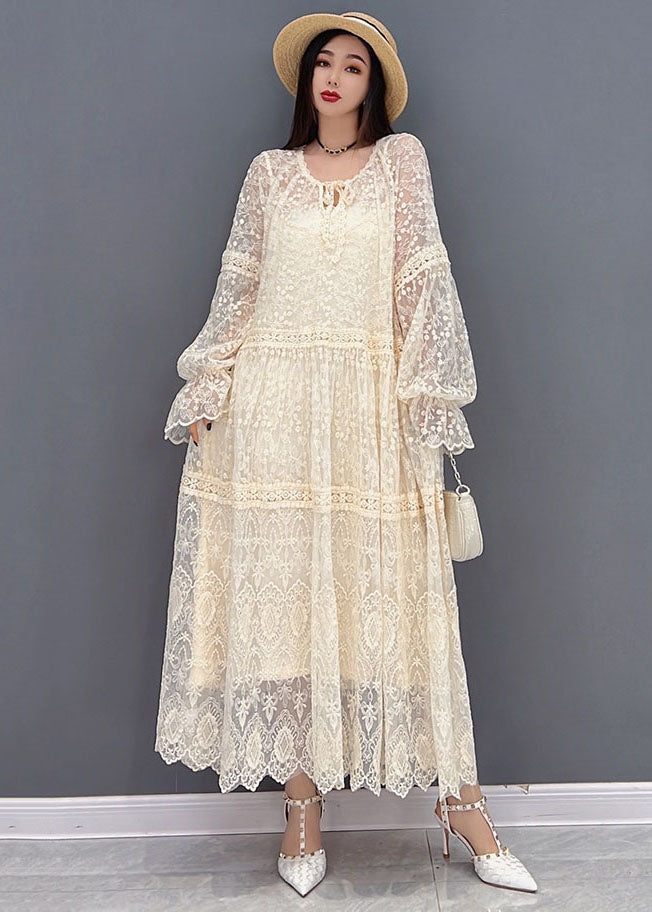 Beige O-neck Hollow Out Lace Holiday Dress Long Sleeve